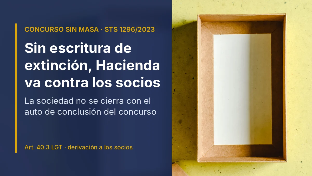 Caja de cartón vacía con la franja «Sin escritura de extinción, Hacienda va contra los socios»: concurso sin masa y derivación de responsabilidad (STS 1296/2023)