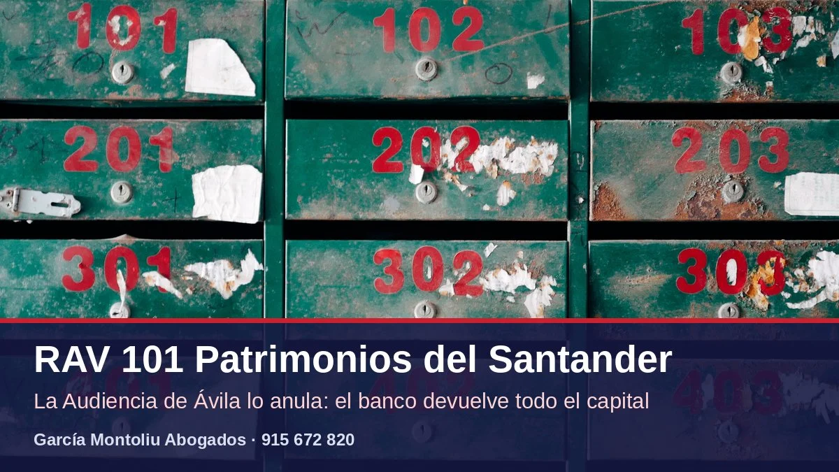 Buzones numerados con el 101 en primer plano y el texto: RAV 101 Patrimonios del Santander, la Audiencia de Ávila lo anula